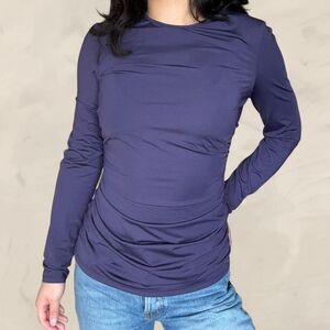 Theory Long-sleeve Travel Jersey Ruched Top in plum purple size medium